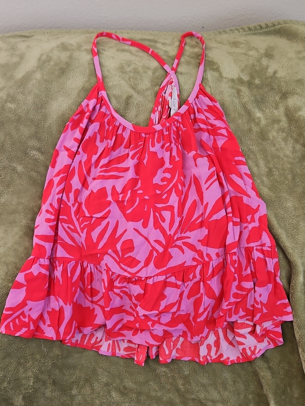 LOFT Red and Pink Tropical Print Tank, Size 14